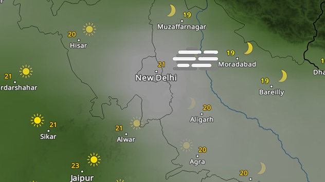 Weather forecast map of northern India showing fog over New Delhi and nearby areas, with sun icons elsewhere and temperature labels around cities such as Hisar, Agra, Jaipur, and Muzaffarnagar.
