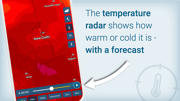 Interactive temperature radar map displaying today’s high, low, and current temperatures across your local area