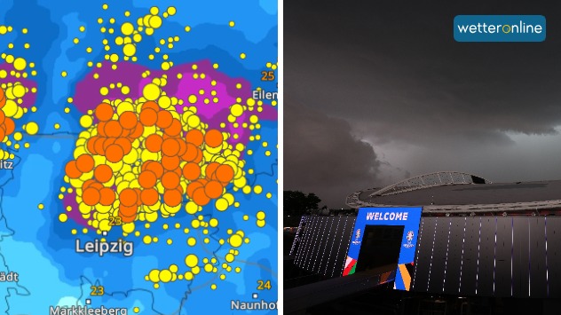 © WetterOnline / dpa Pechschwarz färbt sich der Himmel über Leipzig vor dem Anpfiff des Fußballspiels Portugal  gegen Tschechien.