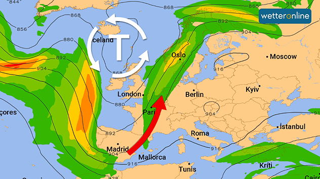 Wetterkarte mit Atlantiktief und starkem Jetstream, der milde Luft nach Europa führt.