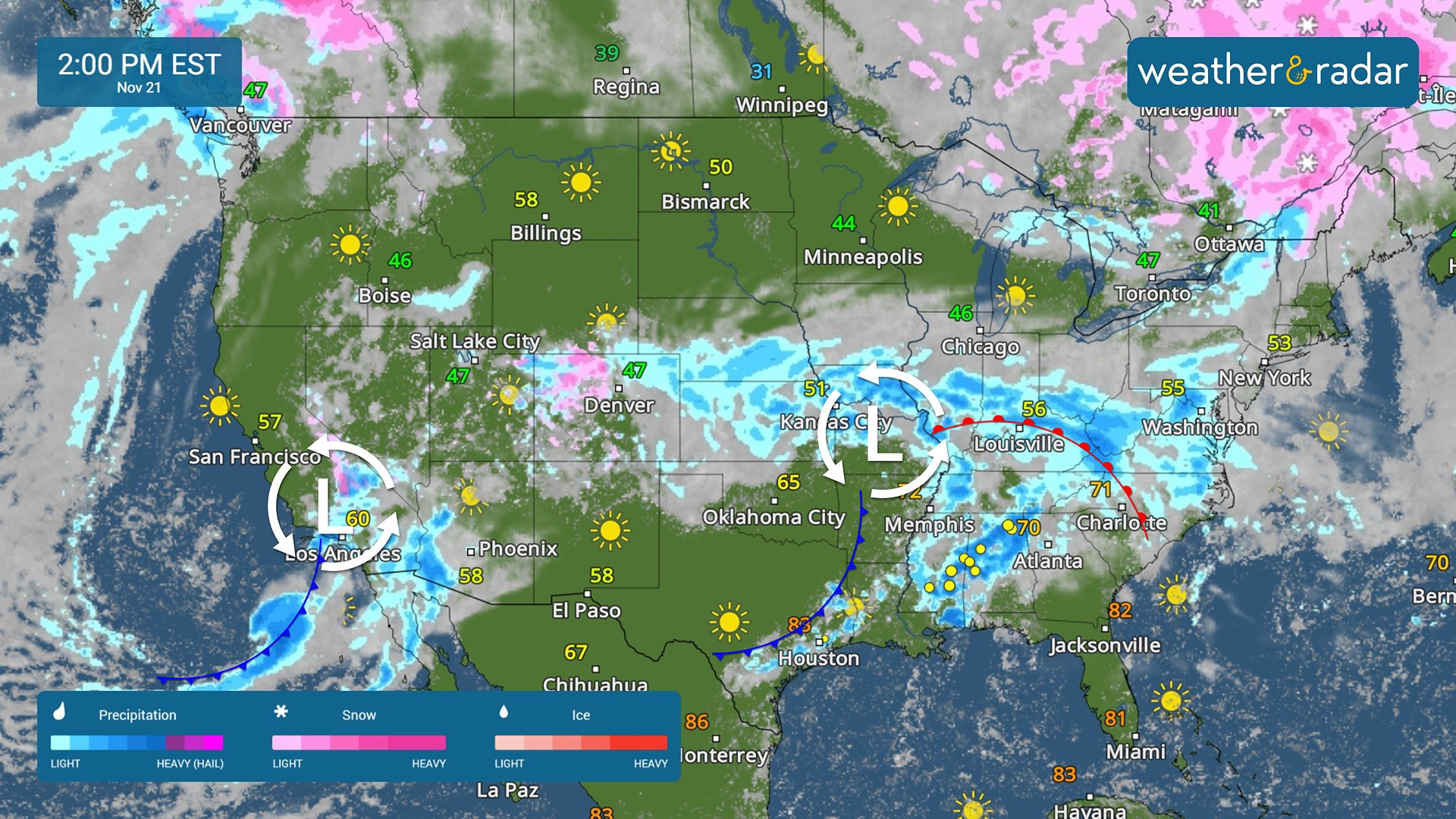 The WeatherRadar shows two systems impacting the country today.