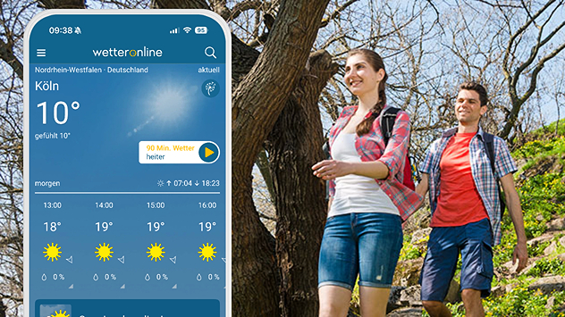 Links die WetterOnline App mit dem Wetter für Samstag. Rechts ein Paar, das bei schönem Frühlingswetter wandert.