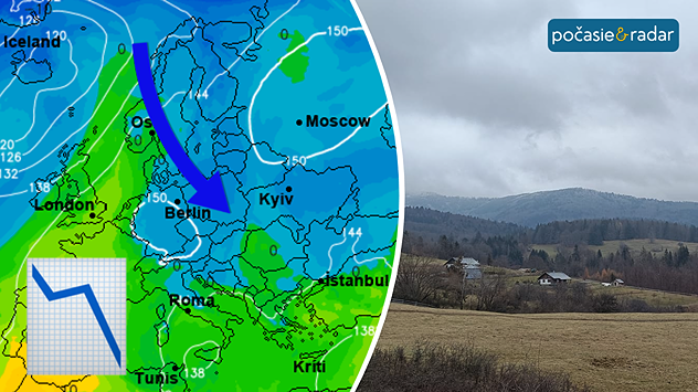 Mapa Európy s prúdením studeného vzduchu nad Slovensko a fotografia zamračenej krajiny s nízkou oblačnosťou.