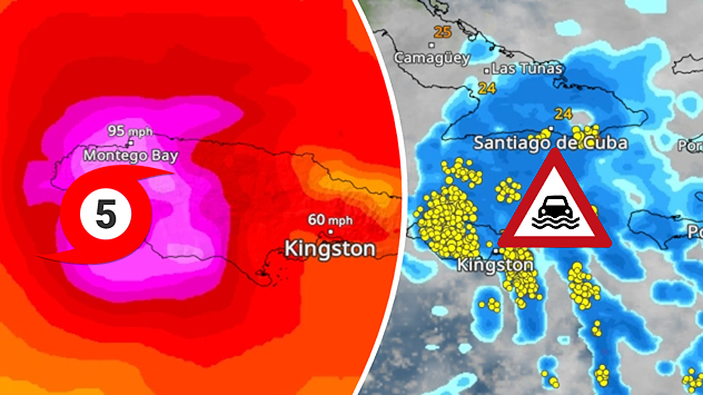 Weather map showing a category 5 hurricane over Jamaica and heavy rain over Cuba.