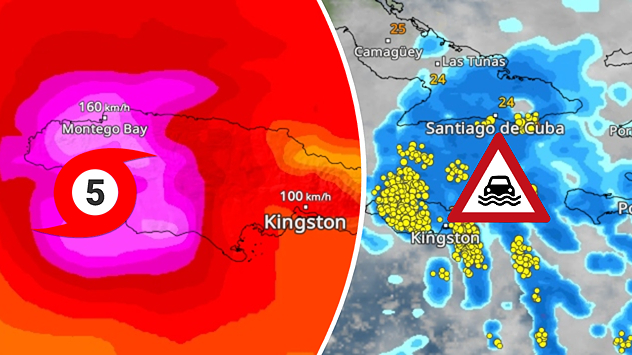 Weather map showing a category 5 hurricane over Jamaica and heavy rain over Cuba.
