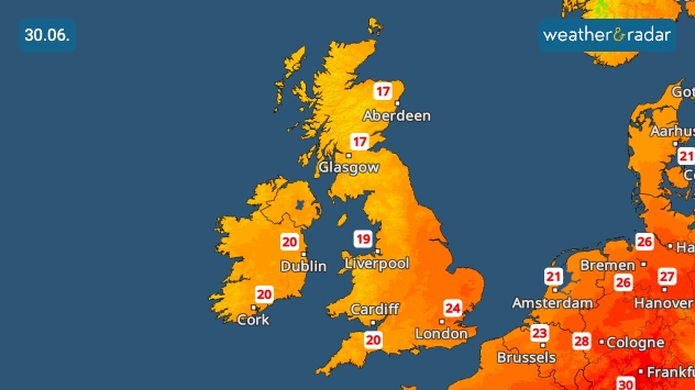 Temperature map of the UK and western Europe on 30.06 showing warm conditions across Britain, with temperatures reaching 24°C near London, around 20°C in Ireland and southern Britain, and 17°C across parts of Scotland.