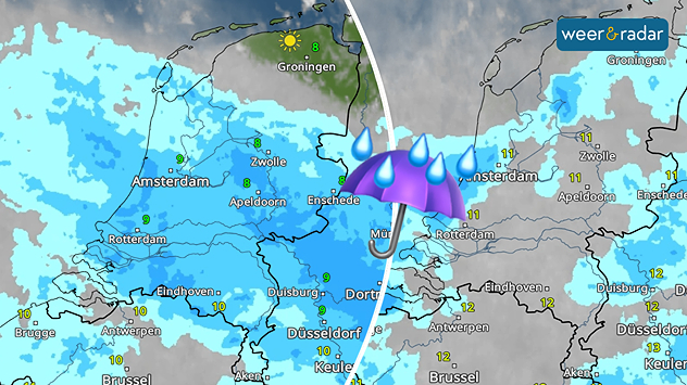 De WeerRadar in een dubbele afbeelding met links zaterdag en rechts zondag. Op beide dagen toont de WeerRadar heel veel bewolking en soms ook regen. Een paraplu is ingetekend.