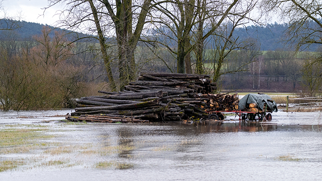 Holzstapel und Anhänger stehen in einer überfluteten Wiese. Kahle Bäume und grauer Himmel im Hintergrund.