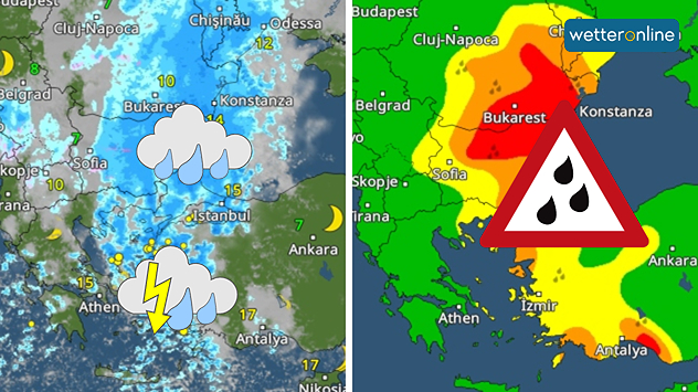 Wetterkarten mit Regen- und Gewitterzonen über Südosteuropa, Warnsymbol für Starkregen, Einfluss von Tief Barbara.