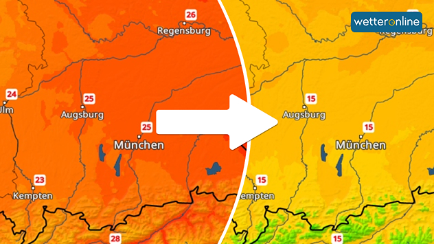 TemperaturRadar zeigt links Werte um 25, rechts Werte um 15 Grad