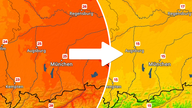 TemperaturRadar zeigt links Werte um 25, rechts Werte um 15 Grad