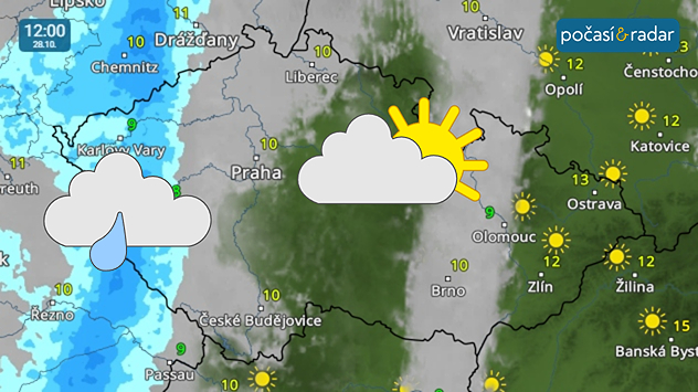 Meteoradar, screenshot, 28. 10. 12:00: Ve středu bude od západu docházet k pozvolnému přibývání oblačnosti, místy se přidá i slabý déšť.