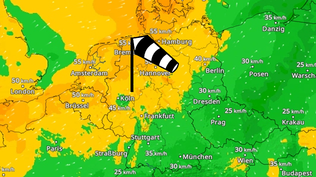WindRadar-Vorhersage: Im Tagesverlauf wird der Wind immer stärker.