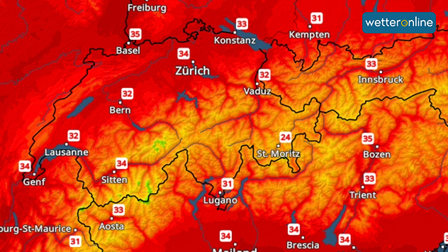 TemperaturRadar mit Höchstwerten am Sonntag. Im Schweizer Mittelland werden regional bis nahe 35 Grad erreicht.