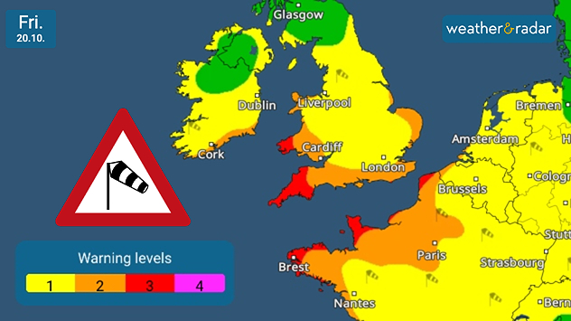 Weather warning map for Friday 20.10 showing yellow, orange and red wind alerts across southern Britain and northwest France, with a windsock symbol.