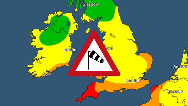 Weather warning map showing yellow and orange wind alerts across Ireland and England, with red level 3 areas in southwest England and a windsock symbol.