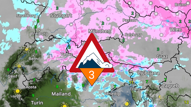 WetterRadar mit Schneefall über den Alpen. Große Bereiche sind rosa und blau markiert. Ein Warnsymbol zeigt erhöhte Lawinengefahr an.