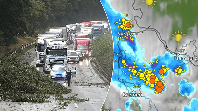 Umgestürzter Baum auf der A27 und WetterRadar für Norddeutschland