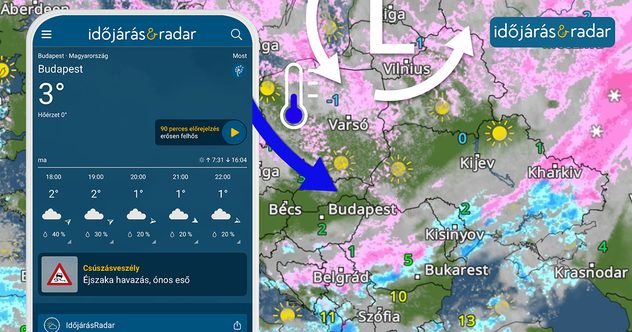 Telefonos kép az alakalmazásból ami mutatja, hogy szombat hajnalban akár ónos eső is hullhat néhol a Dunántúlon.