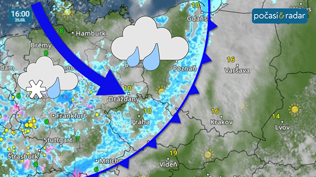 Meteoradar, screenshot, 25. 3. 16:00: Během středy bude přes Česko od severozápadu přicházet studená fronta.