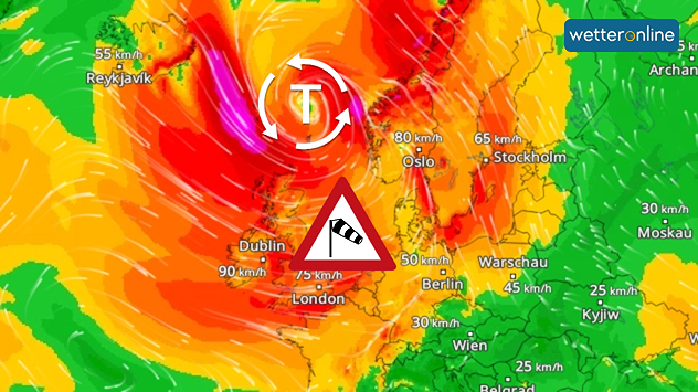 Das Bild verdeutlicht die Auswirkungen eines schweren Sturmtiefs über Nordwesteuropa: Auf der Karte ist die Wettersituation mit Sturmwarnung sichtbar, 