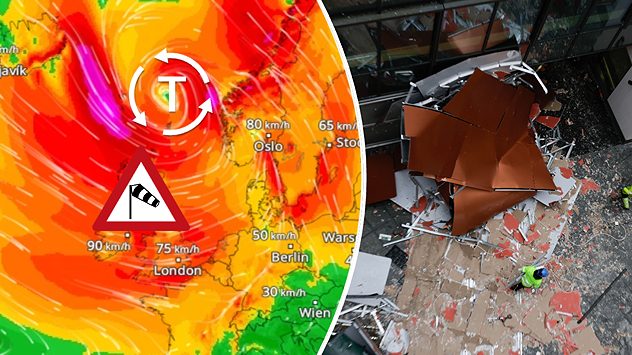Das Bild verdeutlicht die Auswirkungen eines schweren Sturmtiefs Ã¼ber Nordwesteuropa: Auf der Karte ist die Wettersituation mit Sturmwarnung sichtbar, wÃ¤hrend das rechte Foto reale SturmschÃ¤den zeigt â ein Hinweis auf die Gefahr durch orkanartige BÃ¶en und strukturelle SchÃ¤den. (c) dpa