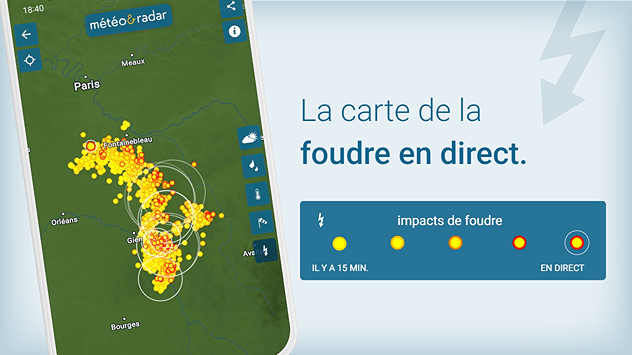 La carte de la foudre en direct avec l'affichage de la légende : les impacts de foudre des dernières 90 minutes jusqu'aux impacts de foudre en direct.