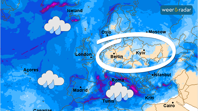 Een neerslagkaart van Europa toont aan dat de Benelux op de rand zit van een groot gebied over midden en oost Europa waar het tot en met het volgende weekend droog blijft.