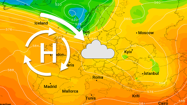 Wetterkarte mit Hochdruckgebiet über Westeuropa und Wolken über Mitteleuropa.