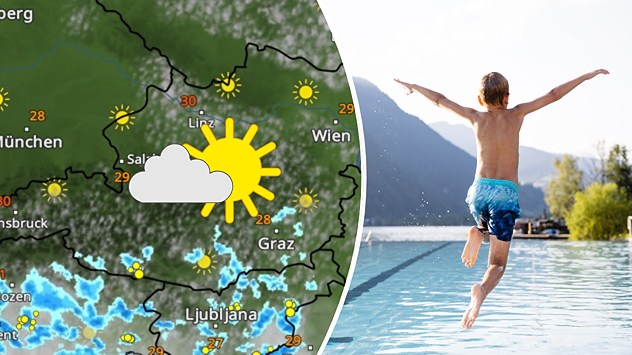 Wetterkarte mit Sonnensymbol und Kind beim Sprung in einen Badesee in Österreich.