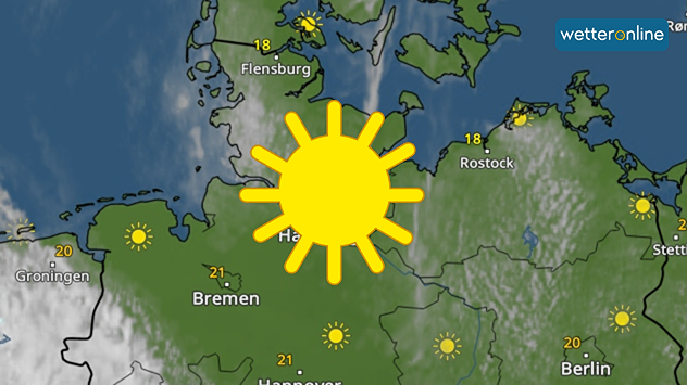 Eine Wetterkarte zeigt Norddeutschland mit überwiegend sonnigem Wetter. Über dem Raum Hamburg ist eine große gelbe Sonne eingeblendet und hebt die Region als besonders freundlich hervor. Auch in weiten Teilen Niedersachsens, Mecklenburg-Vorpommerns und Brandenburgs scheint die Sonne. Die Temperaturen liegen meist zwischen 18 und 21 Grad, mit 21 Grad im Raum Bremen und Hannover sowie 20 Grad in Berlin. Im Norden an den Küsten ziehen vereinzelt Wolkenfelder durch, insgesamt dominiert jedoch ruhiges und trockenes Wetter.