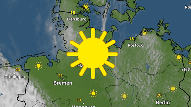 Eine Wetterkarte zeigt Norddeutschland mit überwiegend sonnigem Wetter. Über dem Raum Hamburg ist eine große gelbe Sonne eingeblendet und hebt die Region als besonders freundlich hervor. Auch in weiten Teilen Niedersachsens, Mecklenburg-Vorpommerns und Brandenburgs scheint die Sonne. Die Temperaturen liegen meist zwischen 18 und 21 Grad, mit 21 Grad im Raum Bremen und Hannover sowie 20 Grad in Berlin. Im Norden an den Küsten ziehen vereinzelt Wolkenfelder durch, insgesamt dominiert jedoch ruhiges und trockenes Wetter.