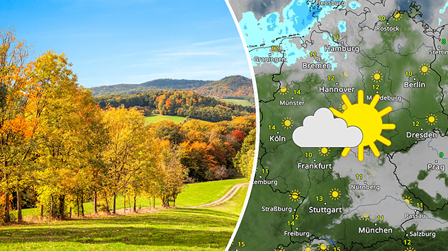 Links: Sonniger Herbsttag mit bunter Laubfärbung in einer hügeligen Landschaft mit grünem Weg – klare Sicht und blauer Himmel. Rechts: WetterRadar-Karte zeigt viel Sonnenschein und milde Temperaturen in der Mitte Deutschlands, dargestellt durch Sonne-Wolke-Symbol.