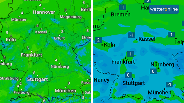 Die Temperatur (links) und die&nbsp;gefühlte Temperatur (rechts) unterscheiden sich heute deutlich.