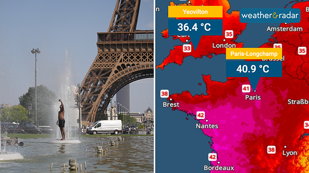 Split image showing a person cooling off in fountains beneath the Eiffel Tower on the left and a western Europe temperature map on the right highlighting extreme heat, with 40.9°C at Paris-Longchamp and 36.4°C at Yeovilton.
