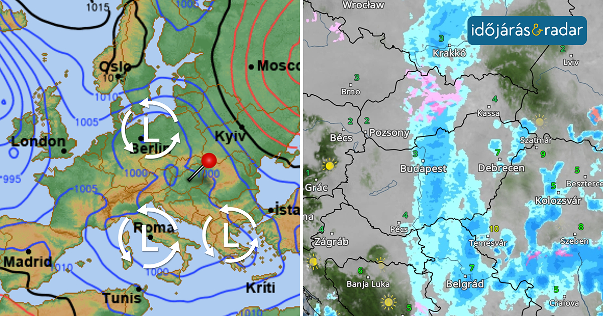 Nyomási térkép bal oldalt, jobb oldalt az időjárásradar előrejelzése, ami csapadékos hétfőt jelez előre az ország közepére