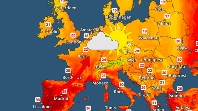 Carte météorologique européenne indiquant les températures et les symboles météorologiques. Une flèche rouge pointe de l'Espagne et du sud de la France vers l'Europe centrale, symbolisant l'afflux d'air très chaud. Au-dessus de l'Allemagne, un symbole représentant un soleil et un nuage indique un temps agréable, partiellement nuageux. En Espagne et au Portugal, les températures maximales dépassent les 30 degrés, tandis qu'en Allemagne, en France et dans les régions alpines, elles se situent généralement entre 22 et 25 degrés. La carte met en évidence un courant chaud du sud-ouest qui achemine de l'air estival vers l'Europe centrale.