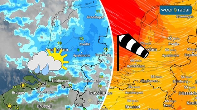 Twee uitsnedes van Nederland naast elkaar. Links van de WeerRadar die veel buiige regen toont, dat symbool is ingetekend. Rechts de WindRadar die geel/oranje/rood kleurt. Een windsymbool staat ingetekend.