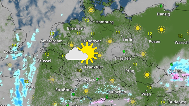 Wetterkarte für Deutschland am Mittwoch mit Sonne und Wolken. Temperaturen meist zwischen 7 und 12 Grad. Mehr Sonne im Osten, wolkiger im Westen.