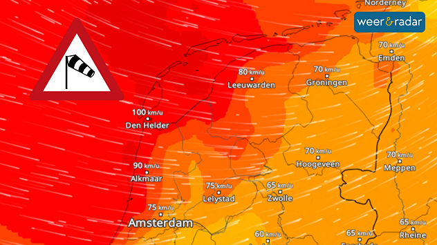 Het stormveld van storm "Benjamin" op 24 oktober. De wind haalde aan zee uitschieters tot 100 km/u.