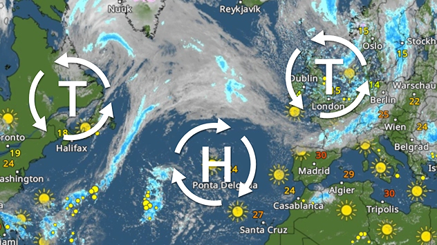 Im weltweiten WetterRadar zieht sich eine wellenförmiges Wolkenband von der Westküste der USA über den Atlantik und Deutschland bis nach Skandinavien.