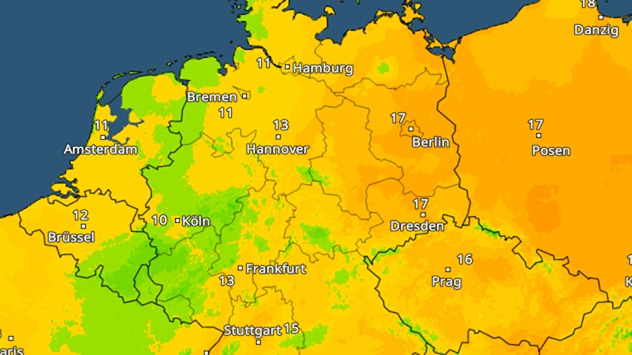 Wetterkarte von Deutschland und Mitteleuropa mit Temperaturverteilung. Im Westen und Norden liegen die Temperaturen meist zwischen 10 und 13 Grad, während im Osten Werte um 17 Grad erreicht werden.