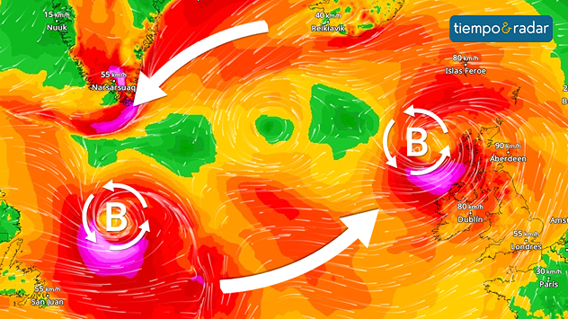 En el radar de viento se muestra un continuo baile de borrascas sobre el Atlántico. 