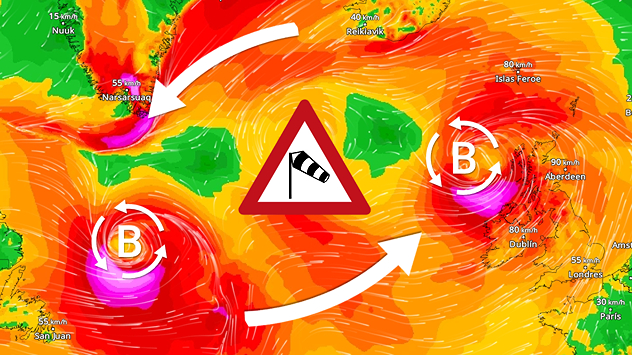 Varias borrascas circulan sobre el Atlántico.