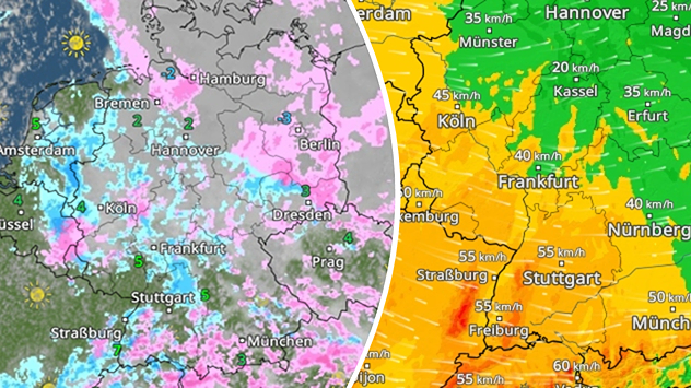 Geteilte Wetterkarte von Deutschland mit Niederschlag links und starken Windböen bis 60 km/h rechts.