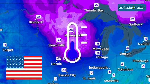 Mapa počasia s výraznými mrazmi v stredozápade USA. Najchladnejšia oblasť medzi Minneapolis a Bismarckom.