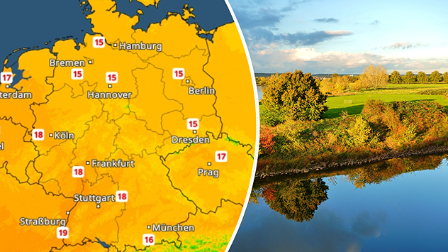 TemperaturRadar mit 15 bis 20 Grad in Mitteleuropa. Daneben eine sonnige Herbstlandschaft mit bunten Bäumen an einem Fluss.