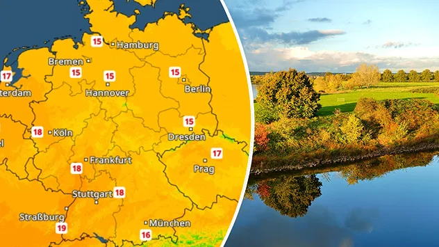 TemperaturRadar mit 15 bis 20 Grad in Mitteleuropa. Daneben eine sonnige Herbstlandschaft mit bunten Bäumen an einem Fluss.