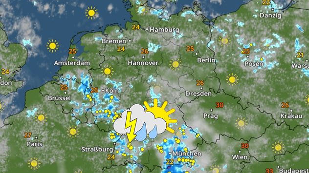 WetterRadar zeigt für Montagnachmittag viele Gewitter im Südwesten und Süden
