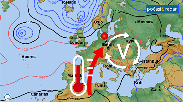 Mapa synoptické situace nad Evropou - předpověď na sobotu 9. srpna: Počasí v Česku začíná ovlivňovat tlaková výše - po její zadní straně k nám postupně začne pronikat velmi teplý vzduch z jižních směrů.